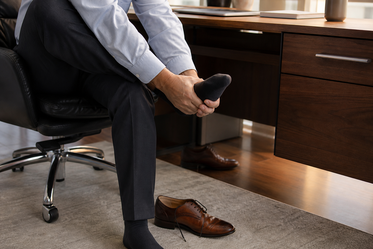 Office worker massaging the forefoot after wearing dress shoes