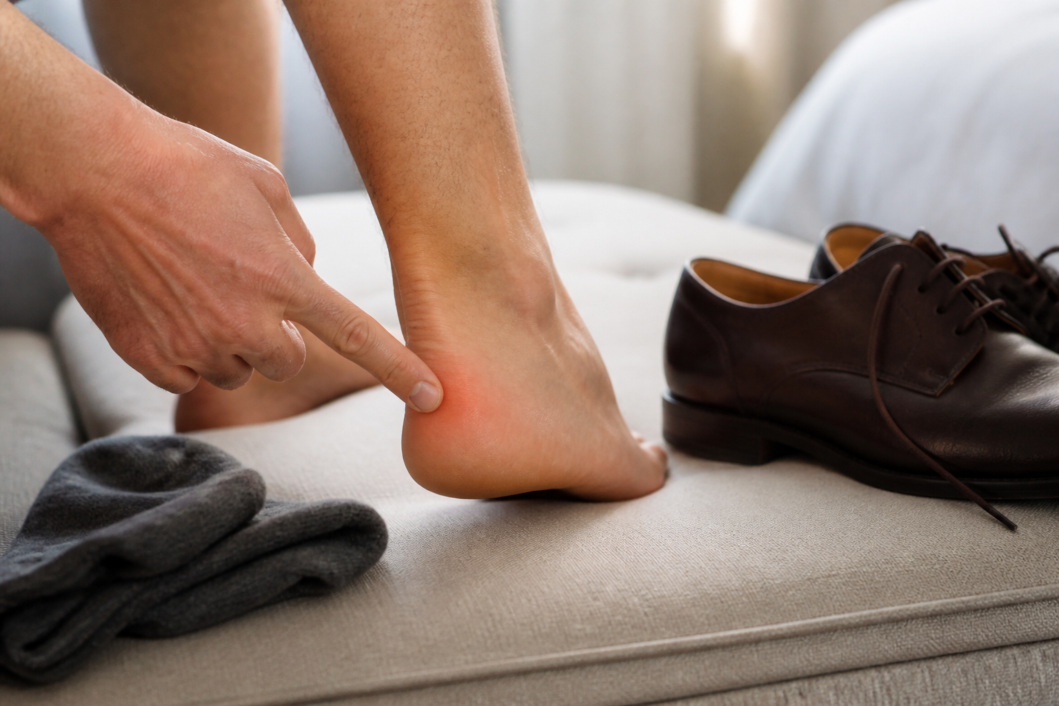 Adult checking mild heel redness caused by shoe friction